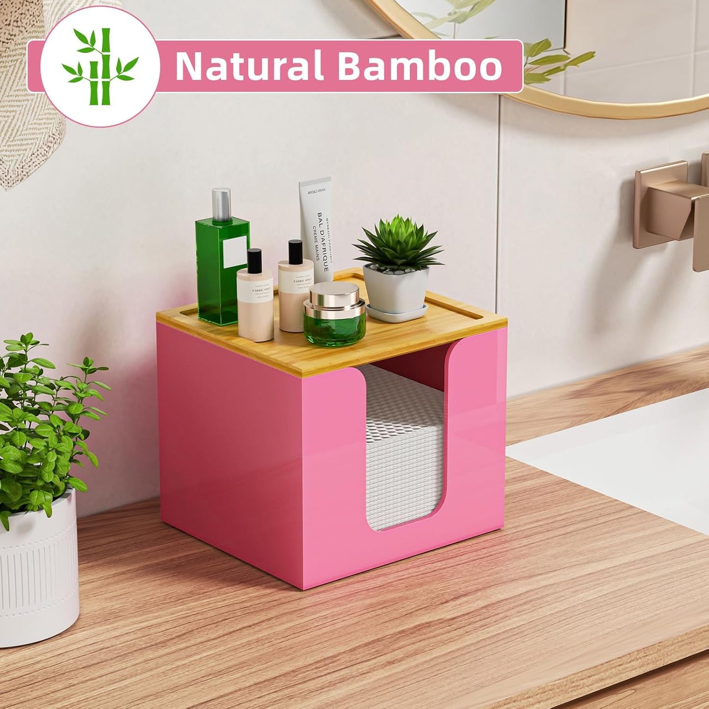 VITVITI Disposable Face Towel Holder Box, Acrylic Facial Towel Container for XL Clean Skin Club, Large Disposable Face Towels Storage with Bamboo Lid, for Bathroom, Vanity Makeup, Pink