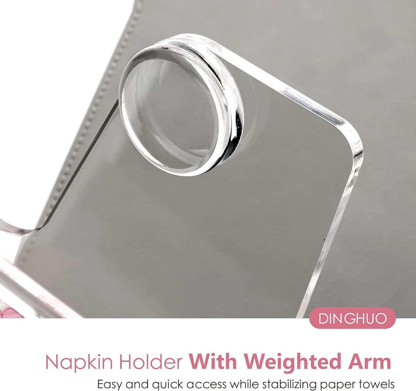 DINGHUO Acrylic Napkin Holder for Table, 7"x7" Clear Luncheon Napkin Holder with Weighted Arm, Flat Kitchen Paper Hand Napkin Dispenser, Suitable for Outdoor & Indoor