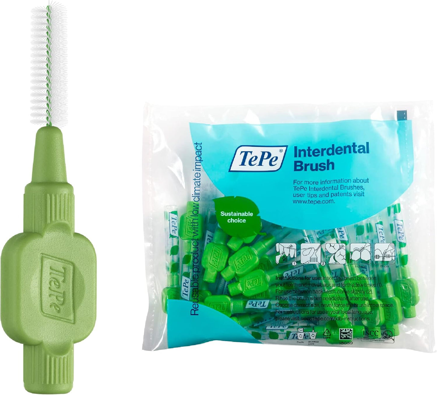 TePe Interdental Brush Original, Soft Dental Brush for Teeth Cleaning, Pack of 20, 0.8 mm, Large Gaps, Green, Size 5
