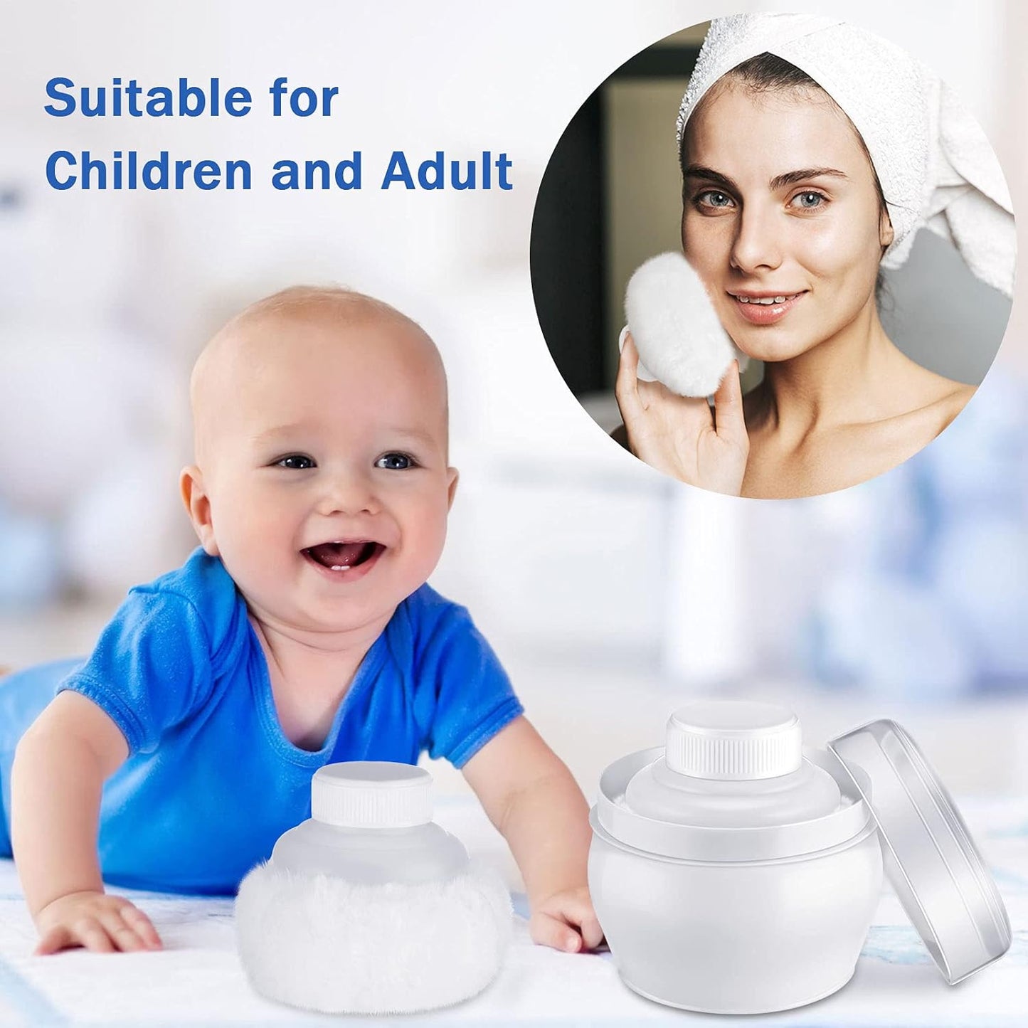 Cunhill 4 Pcs Body Powder Puff and Container Portable Body Powder Container with Puff Case Soft Washable Reusable Face Wet Dry Makeup for Baby Women Dusting Bath Travel Home Use