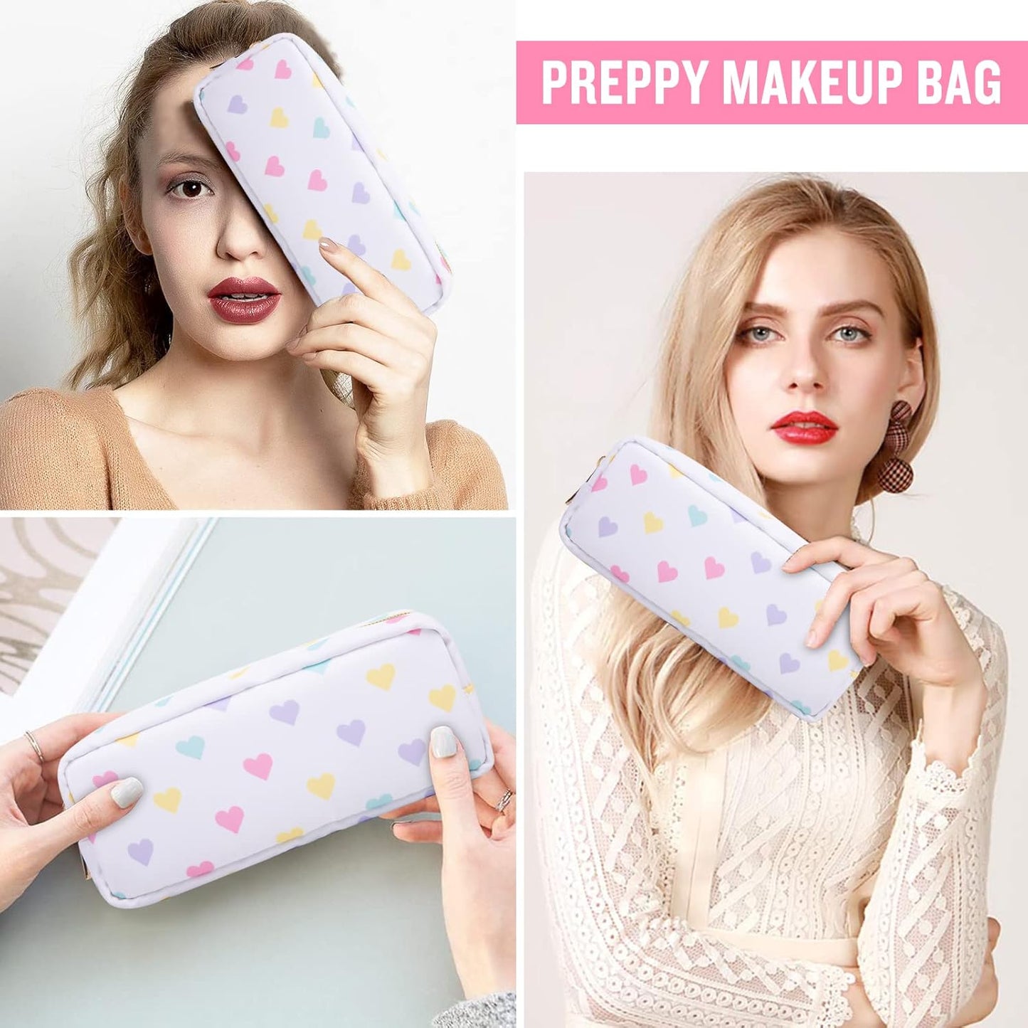 Nylon Small Makeup Bag, Slim Pink Makeup Brush Case, Preppy Cosmetic Zipper Pouch for Purse, Travel Toiletry Bag Clutch Coin Pouch Makeup Organizer for Women Girls (White Heart)