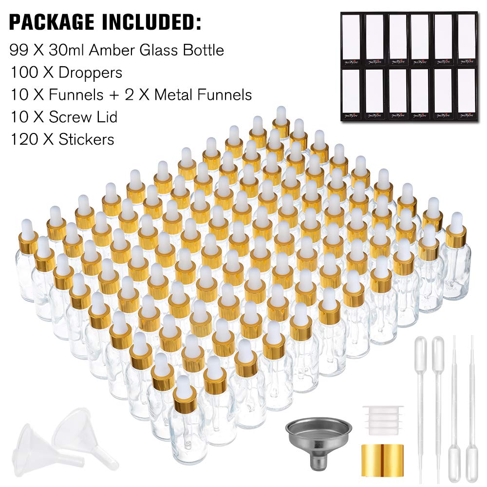 PrettyCare Glass Dropper Bottles 99 Pack, 1oz (30ml) Clear Empty Thick Bottles Bulk with Leakproof Golden Caps - With Labels & Funnels for for Storage, Travel,Essential Oils, DIY Serums