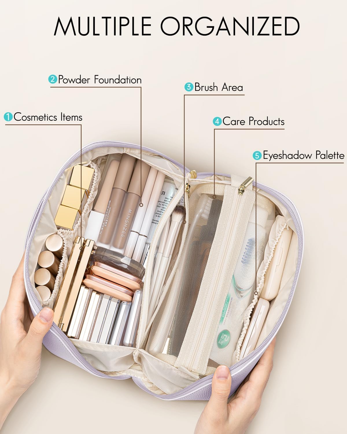 Vlando Makeup Bag,Large Capacity Toiletry Bag for Women Waterproof Portable Make up Pouch PU Leather Open Flat Cosmetic Bag(Purple)