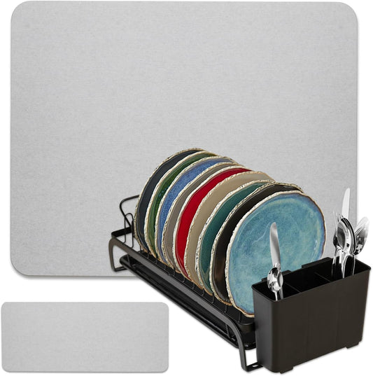 AquaTerra Diatomaceous Earth Drying Mat with Matching Sponge Caddy & Dish Rack | 3-Piece Set (Light Gray, Large) | Heat-Resistant & Multi-Purpose for Drying and Kitchen Organization