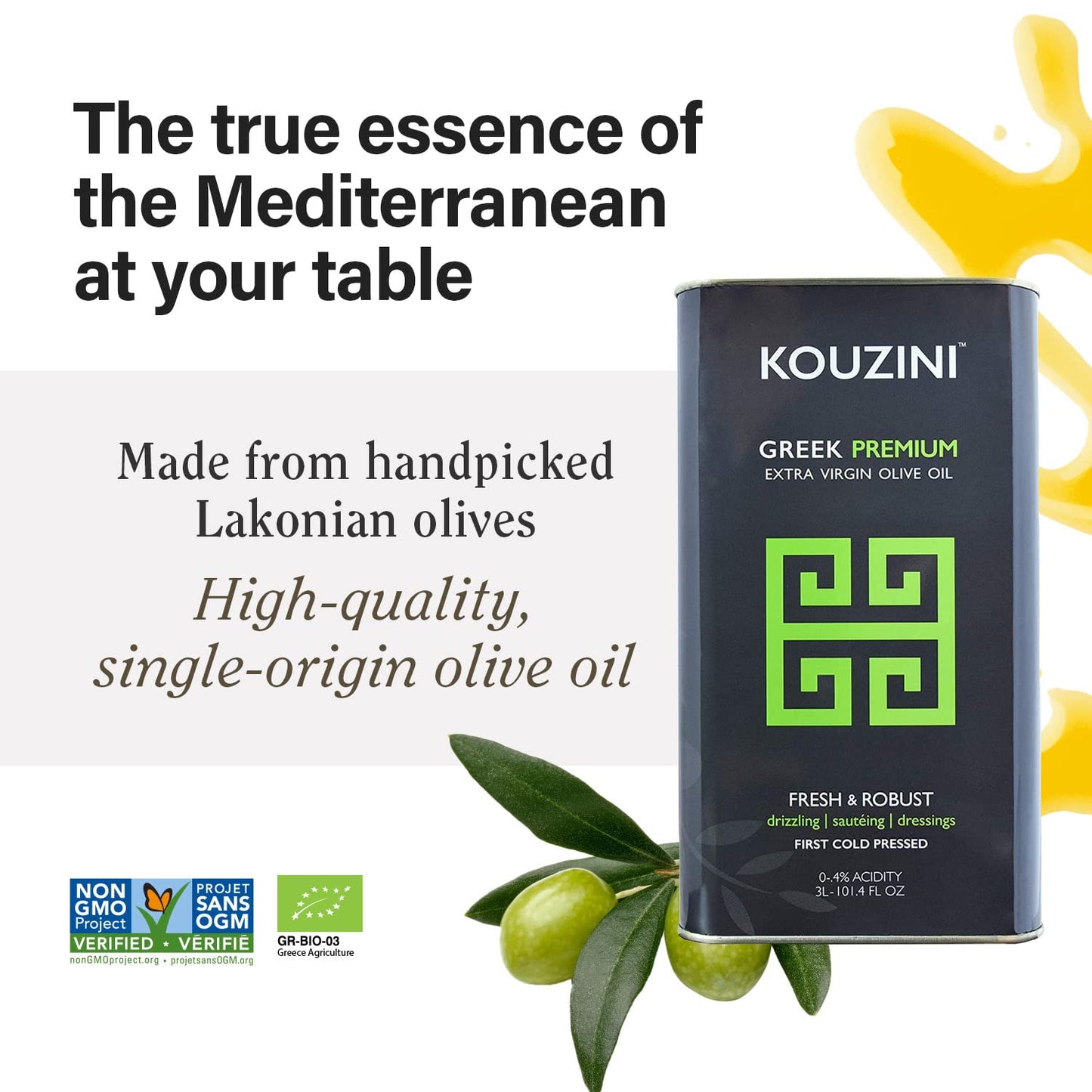 Kouzini Greek Premium Extra Virgin Olive Oil, 3 Liter Tin, Cold Pressed, Single Origin, Rich Flavor & Aroma