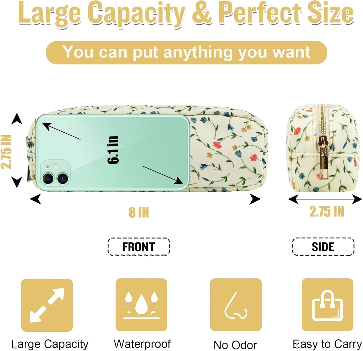 Nylon Small Floral Makeup Bag Slim Pouch, Preppy Cute Makeup Brush Case Bag Flower Cosmetic Zipper Pouch for Purse, Waterproof Travel Toiletry Bag Make Up Organizer for Women Girl(Light Yellow-Flower)