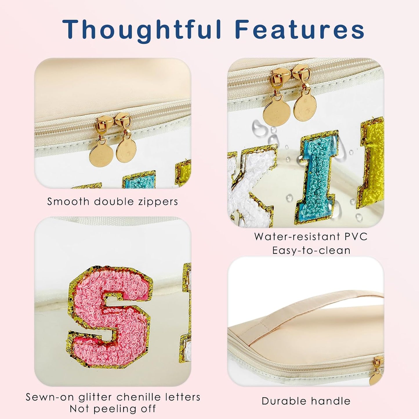 Personalized Chenille Letter Clear Skin Makeup Bag, Large Size Waterproof Nylon Cosmetic Toiletry Storage bag with Top Handle, Transparent Meds Skin Travel Organizer Cosmetic Bag(11Skin-Beige)