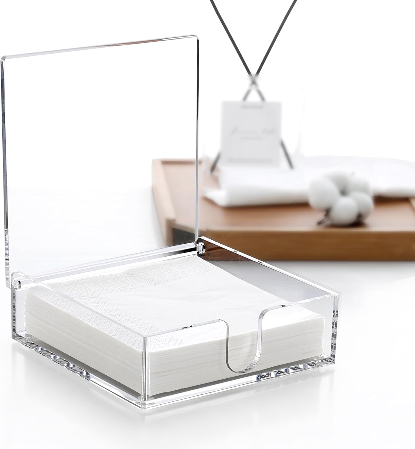 DINGHUO Acrylic Napkin Holder, 7"x 7"x 2.4" Flat Luncheon Napkin Dispenser with Lid, Clear Flip-top Waterproof Paper Napkin Container Organizer for Table, Kitchen, Indoor & Outdoor, Bathroom Vanity