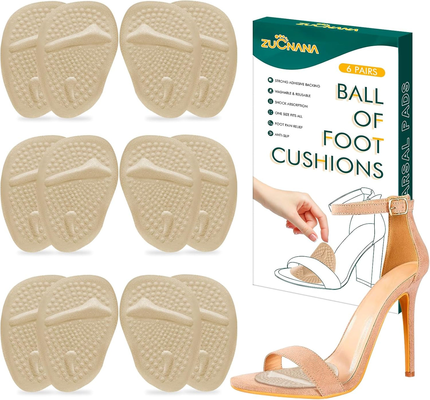 Ball of Foot Cushions (Beige) | Metatarsal Pads for Women (6 Pairs Foot Pads) | Reusable Shoe Inserts for Pain Relief | Non-Slip Heel Cushion Inserts Best for Neuroma and Callus