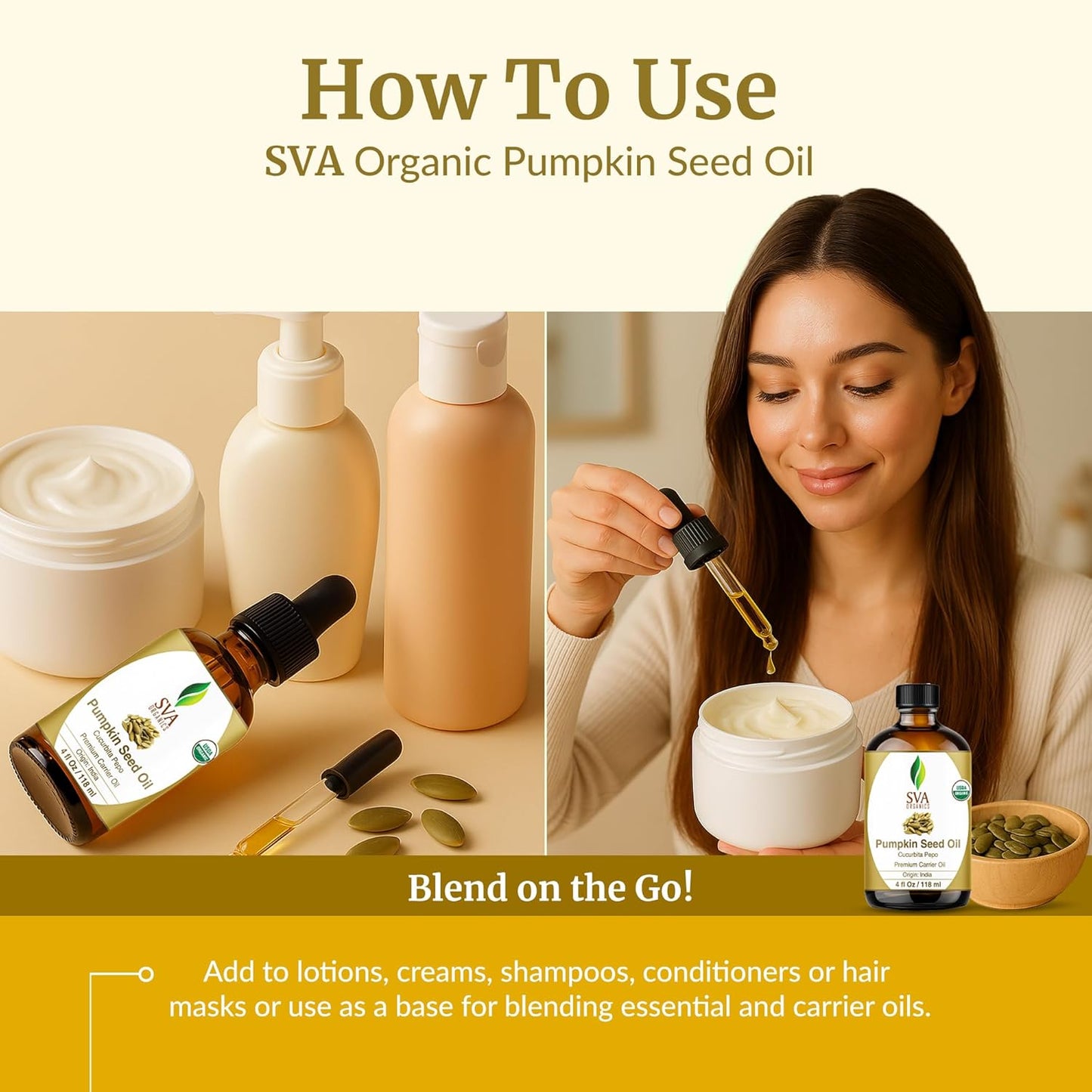 SVA Pumpkin Seed Oil Organic - 4 Fl Oz – 100% Natural Cold Pressed Organic Pumpkin Oil - for Face, Skin Care, Hair Care, Scalp Massage & Body Massage – Carrier Oil with Dropper
