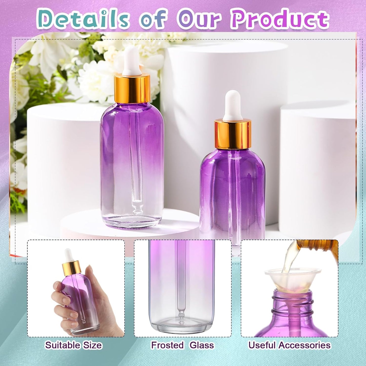 Dandat 50 Pack 4 oz Glass Dropper Bottles Leakproof 120 ml Glass Tincture Bottles with Eye Droppers, 4 Funnels, 54 Labels for Essential Oil Perfumes Hair Oil(Purple Gradient)