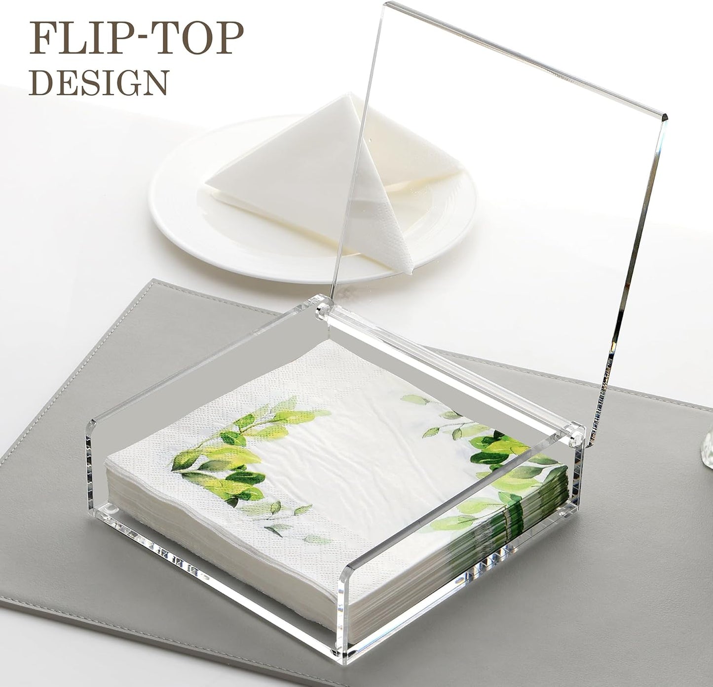 DINGHUO Flat Acrylic Napkin Holder for Table, Open Side Design Napkin Dispenser with Weighted Arm, Square Paper Holder for Restaurant, Kitchen, Bathroom, Countertop, Dinner
