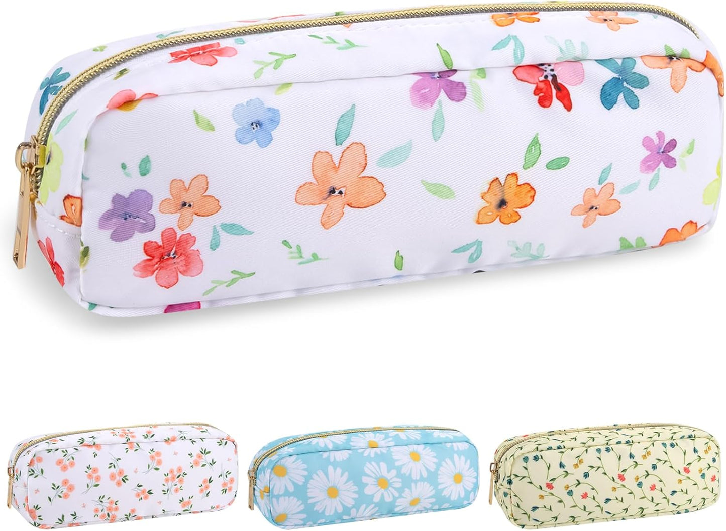 Nylon Small Floral Makeup Bag Slim Pouch, Preppy Cute Makeup Brush Case Bag Cosmetic Zipper Pouch for Purse, Waterproof Travel Toiletry Bag Coin Pouch Make Up Organizer for Women Girls(White-Flower)