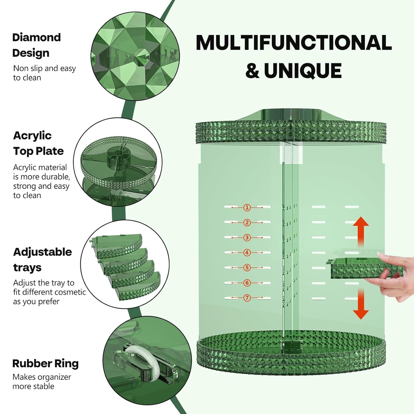 360 Degree Rotating Makeup Organizer for Vanity, Large Capacity Beauty Organizer, Adjustable DIY 7 Layers Perfume Organizer, Skincare Organizers Fits Cosmetics and Accessories(Emerald Green)