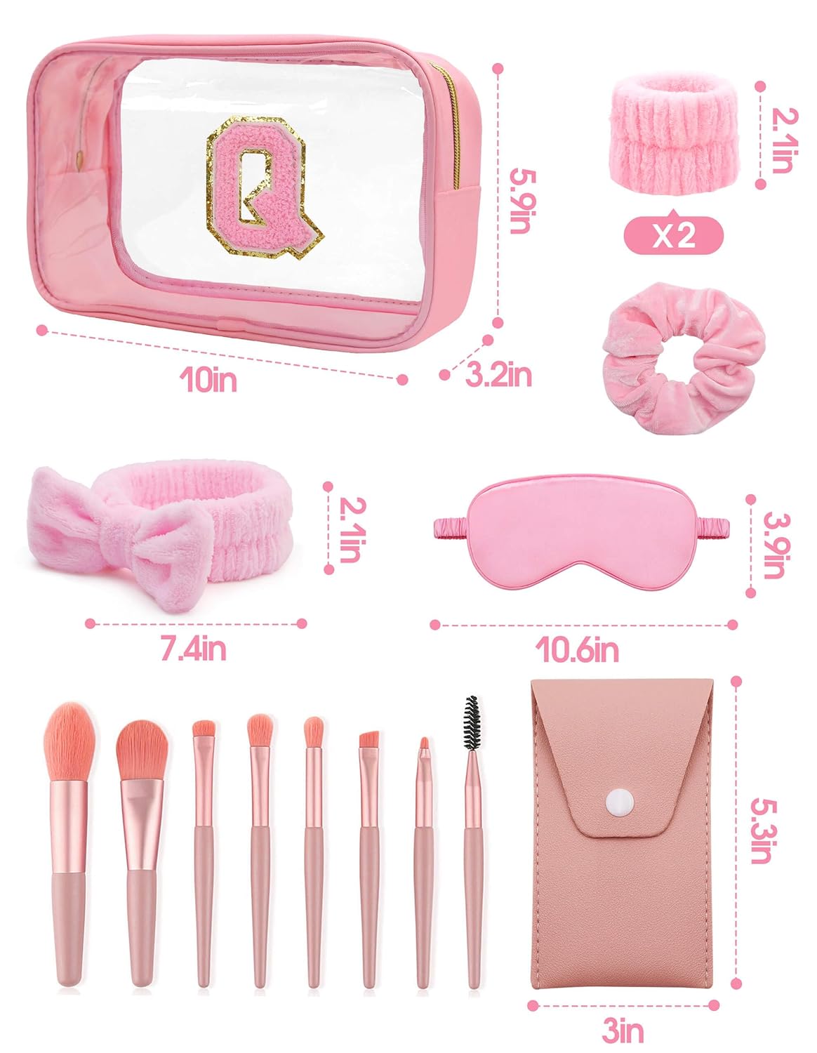 Gift Sets for Women, Initial Makeup Bag with Makeup Brush Set Bachelorette Party Favors, Pink Spa Kit with Skincare Headbands Wrist Bands Sleepover Party Supplies Gifts for Teen Girls Bridesmaid Q