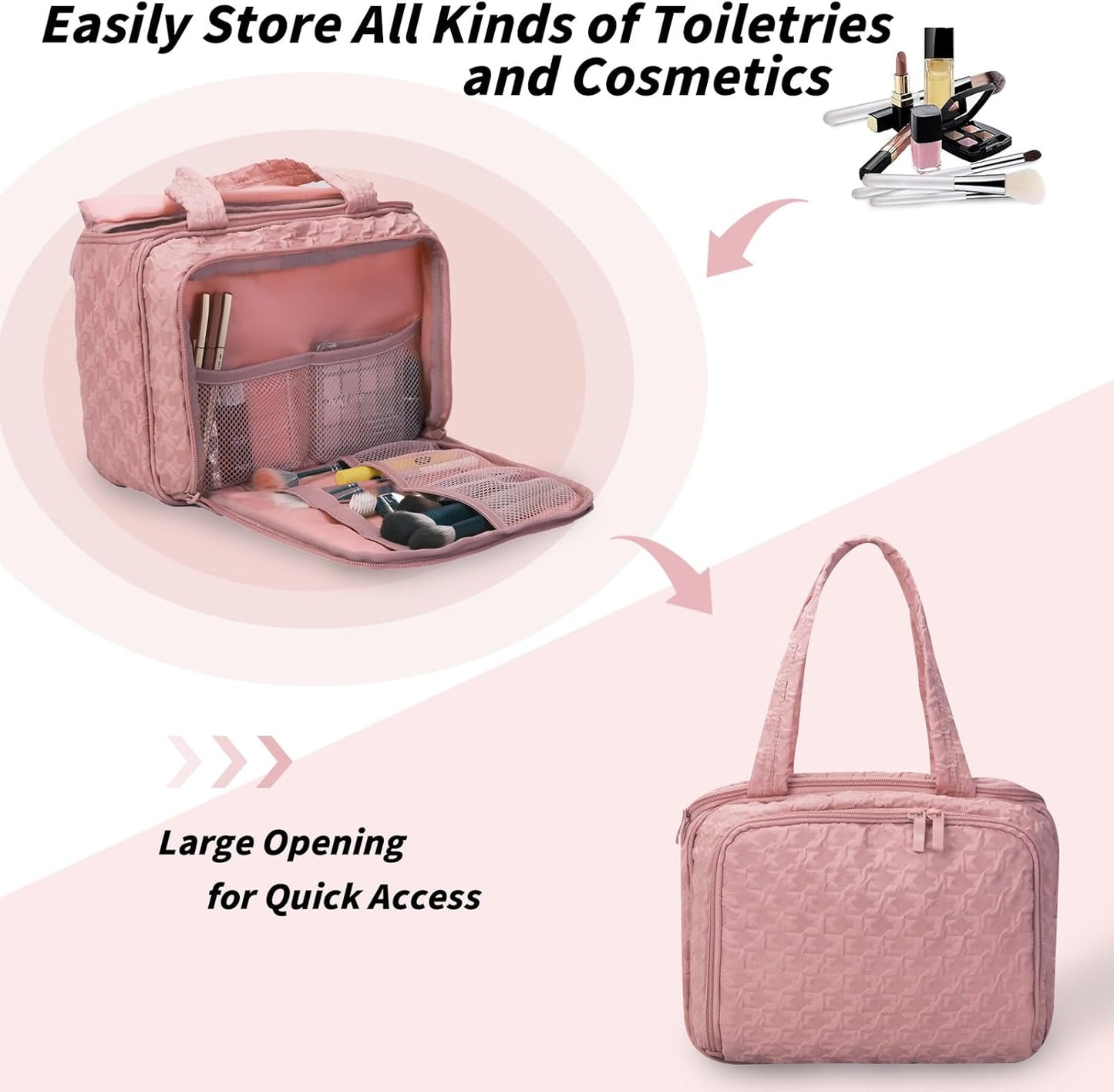 SUNRISING Travel Toiletry Bag，Large Toiletry Bag for Women，Water-Resistant Cosmetic Makeup Bag Organizer with Handle，Travel Toiletries Skincare Organizer Dopp Kit Bag for Accessories Essentials- Pink