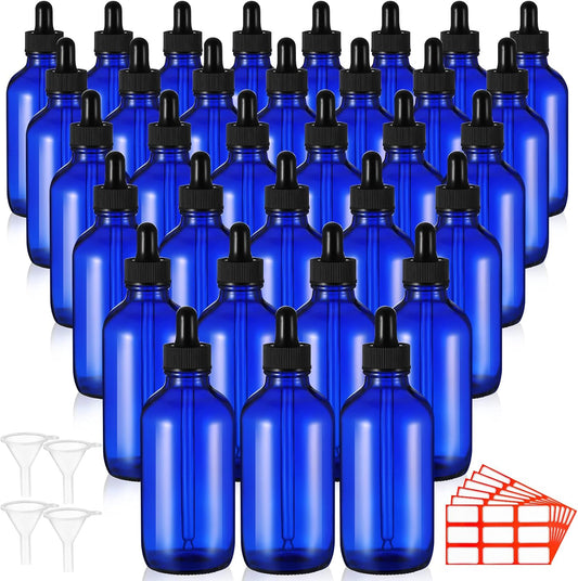 Dandat 50 Pack 4 oz Glass Dropper Bottles Leakproof 120 ml Glass Tincture Bottles with Eye Droppers, 4 Funnels, 54 Labels for Essential Oil Perfumes Hair Oil(Blue)