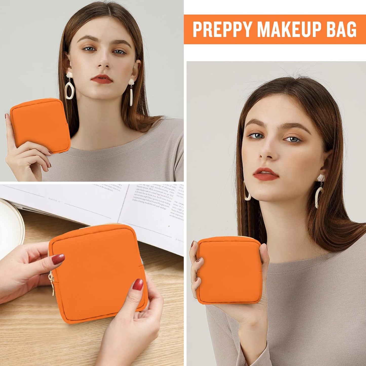 Nylon Mini Makeup Bag for Purse, Preppy Small Cute Makeup Bag Cosmetic Zipper Pouch Purse, Waterproof Travel Coin Pouch Sanitary Napkin Storage Bag Clutch Makeup Organizer Bag for Women Girls(Orange)