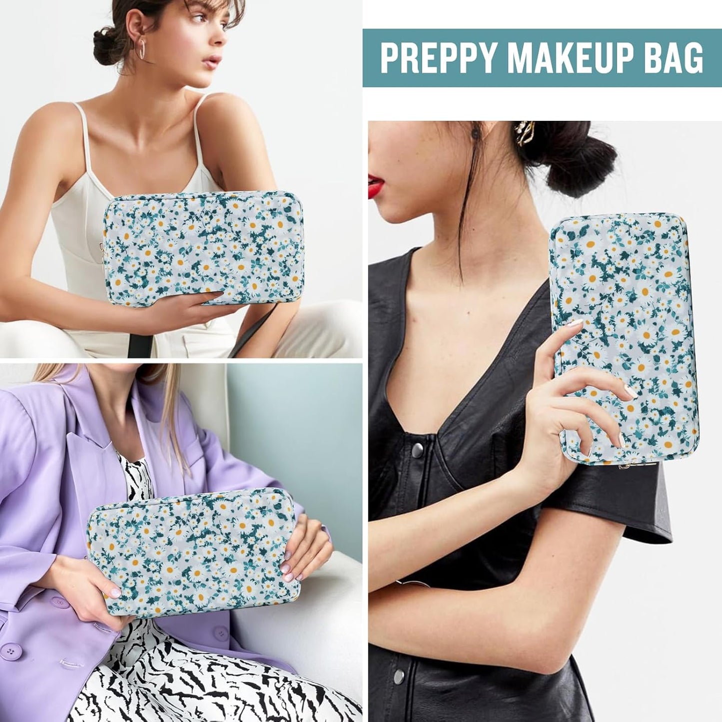 Nylon Small Floral Makeup Bag for Purse, Cute Preppy Makeup Bag Flower Cosmetic Zipper Pouch Purse, Waterproof Portable Travel Toiletry Makeup Brush Coin Pouch Organizer Storage for Women(Green-Daisy)