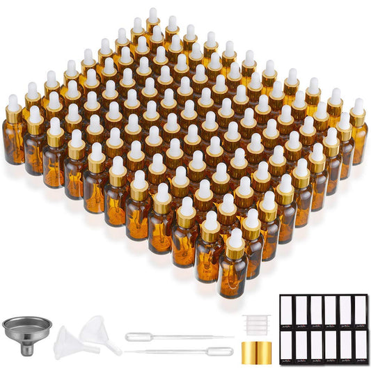 PrettyCare Glass Eye Dropper Bottles 99 Pack, 1oz (30ml) Amber Empty Thick Bottles Bulk with Leakproof Golden Caps - With Labels & Funnels for for Storage, Travel,Essential Oils, DIY Serums