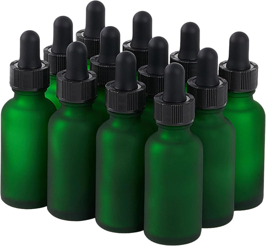 12 Pcs, 1oz Glass Dropper Bottle, Leakproof Tincture Bottles with Dropper, Green Reusable Eye Dropper Bottle, Preety Frosted Texture, for All Kinds of Liquids (Green-Frosted, 1oz-12pcs)