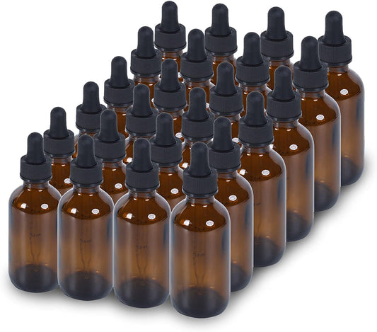2 oz Dropper Bottle 24 Pack Amber Glass Boston Bottles 60ml with Eye Droppers Black Caps for Essential Oils, Perfume, Leak Proof Travel Bottles for Liquids