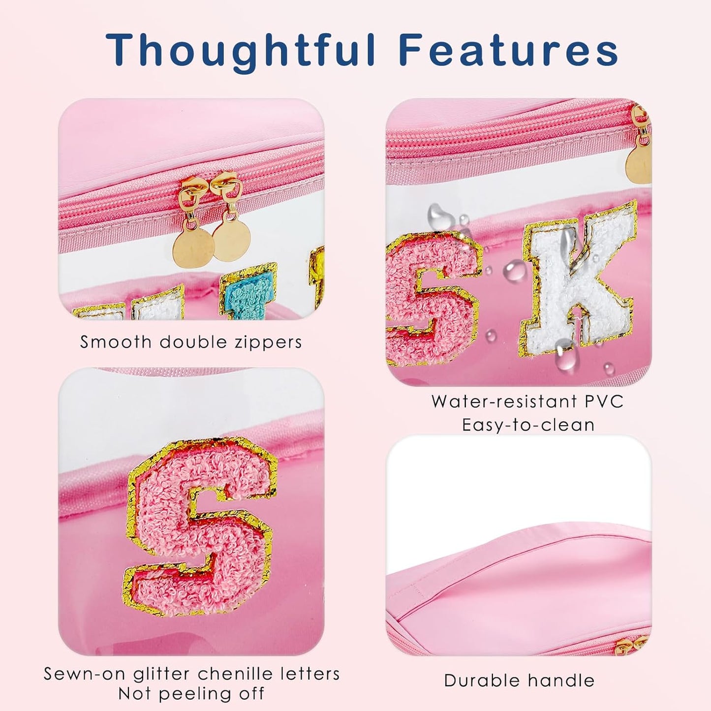 Personalized Chenille Letter Clear Skin Makeup Bag, Large Size Waterproof Nylon Cosmetic Toiletry Storage bag with Top Handle, Transparent Meds Skin Travel Organizer Cosmetic Bag(09Skin-Pink)