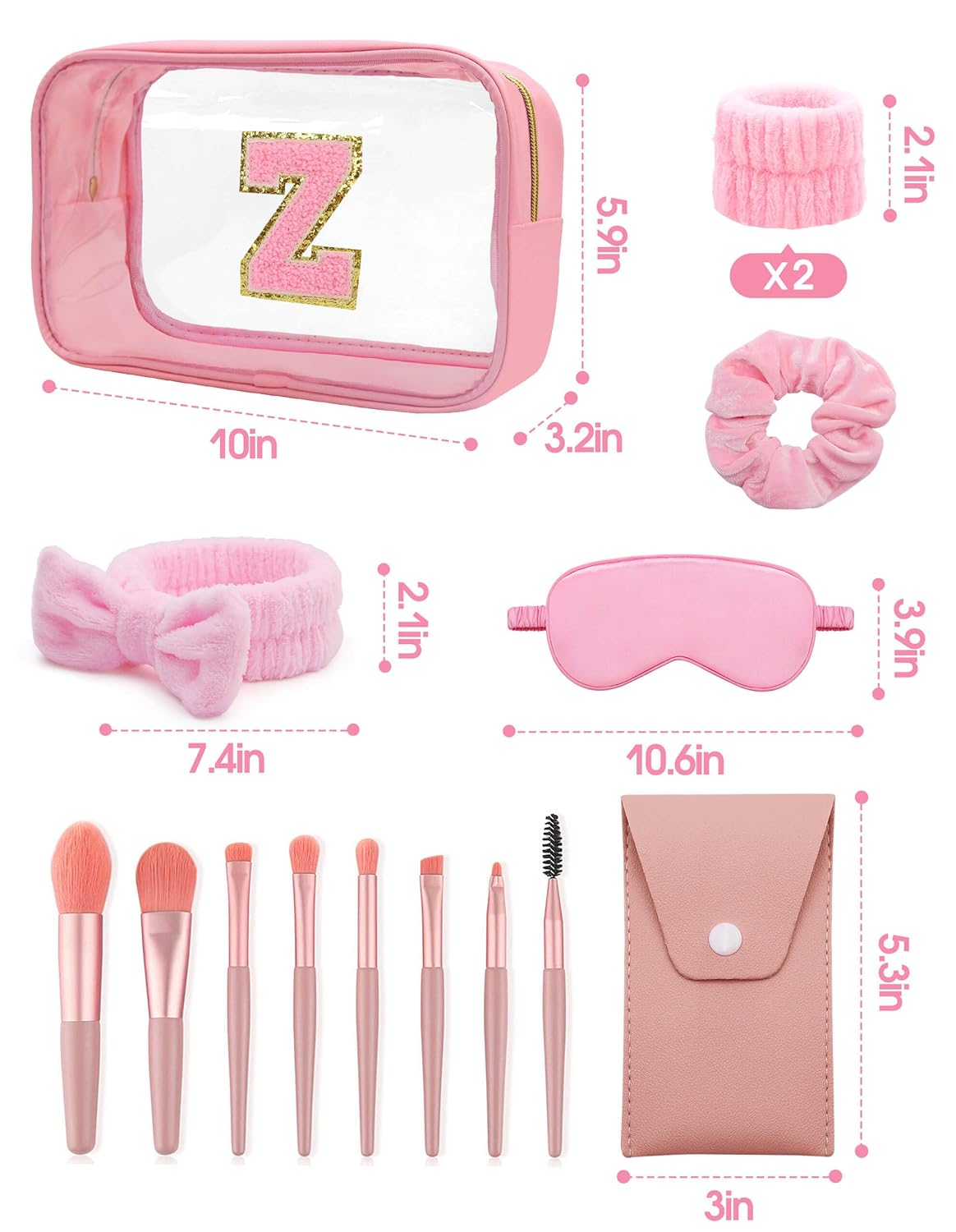 Gift Sets for Women, Initial Makeup Bag with Makeup Brush Set Bachelorette Party Favors, Pink Spa Kit with Skincare Headbands Wrist Bands Sleepover Party Supplies Gifts for Teen Girls Bridesmaid Z