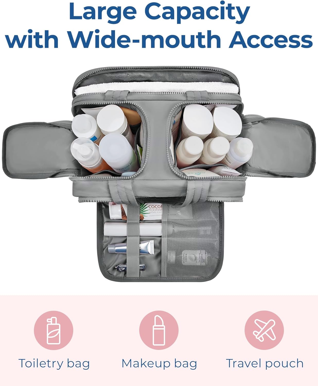 BAGSMART Travel Toiletry Bag, Lightweight Large Wide-open Travel Bag for Women, Puffy Cosmetic Makeup Bag Organizer with Handle for Accessories,Essentials, Toiletries, Grey