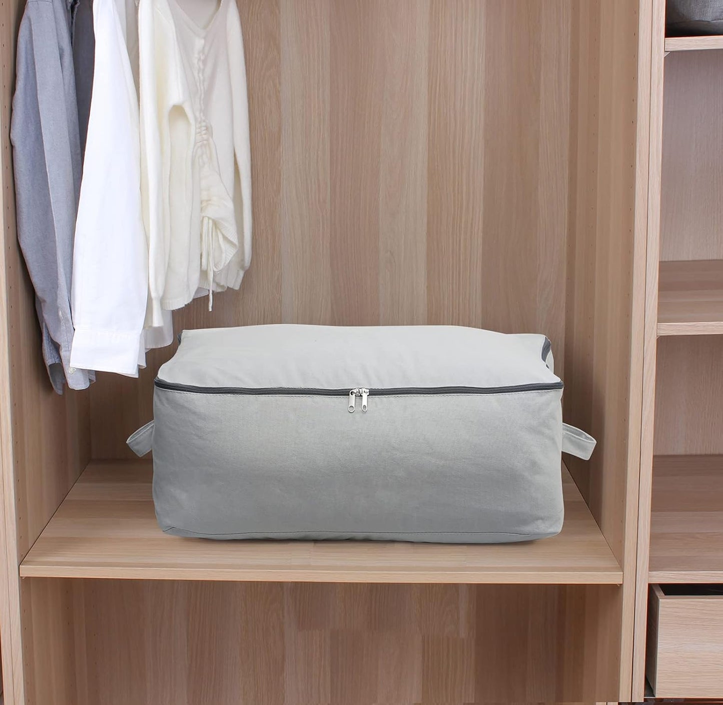 2PCS Durable Cotton Canvas, Soft Space Save Storage Bag Wardrobe Organizer with Handle & Zipper for Beddings, Comforters, Pillows, Blankets, Clothes, 25.6×18.5×8.7inch, Light Gray