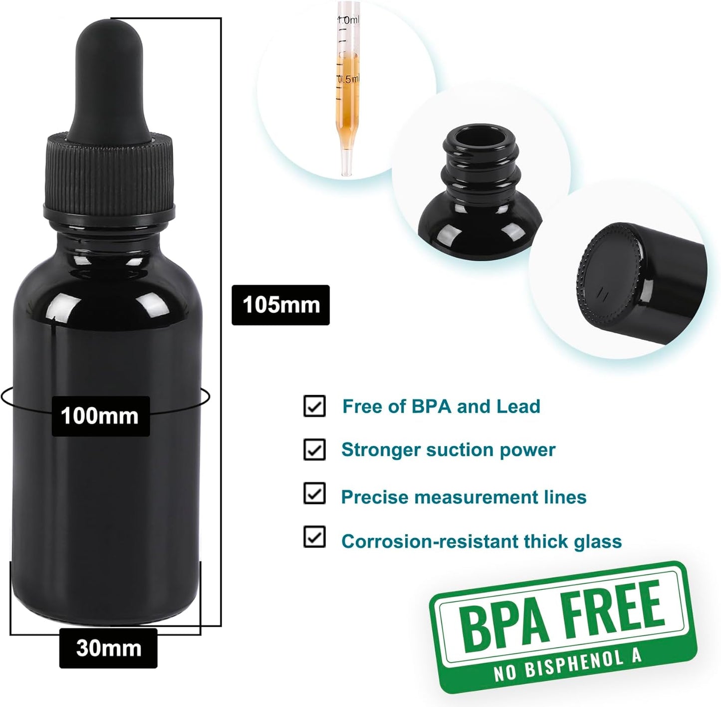 24 Pack,1oz Glass Dropper Bottle,Black Tincture Bottles with Dropper,Pretty Finish for All Kinds of Liquids,Oil Bottles for Hair- Stronger Suction ideal for Leakproof Travel