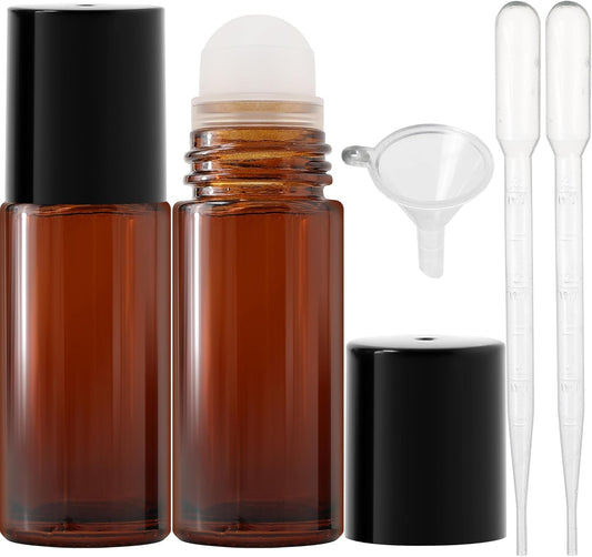 Essential Oil Roller Bottles, 2PCS (50ml/30ml) Thick Glass Perfume Roller Bottles with Funnel and Dropper Glass Empty Bottles Beauty and Personal Care Tools for Fragrance (Amber, 50ML)