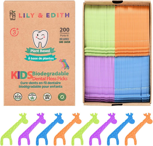LILY & EDITH Kids Biodegradable Dental Floss Picks 200 Counts, Fluoride Free, Plant Based Material, Fun Animal Flossing Sticks, Ultra Sturdy Thread, Zero Waste Package (Unflavored)