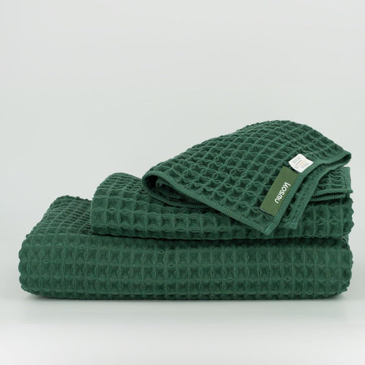 Luxury Japanese Cotton Waffle Bath Towel | Plush, Absorbent, and Quick Dry | Free Storage Bag Included (Forest Green, Bath Sheet Set (3-Piece))