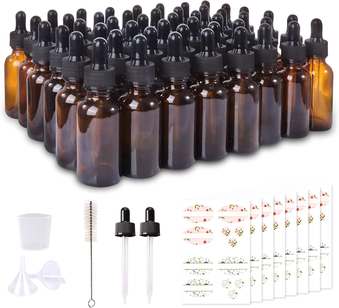 48 Pack 1oz Amber Glass Bottles with Glass Eye Droppers for Essential Oils, Perfumes & Lab Chemicals (Brush, Funnels, 2 Extra Droppers, 54 Pieces Labels & 30ml Measuring Cup Included)