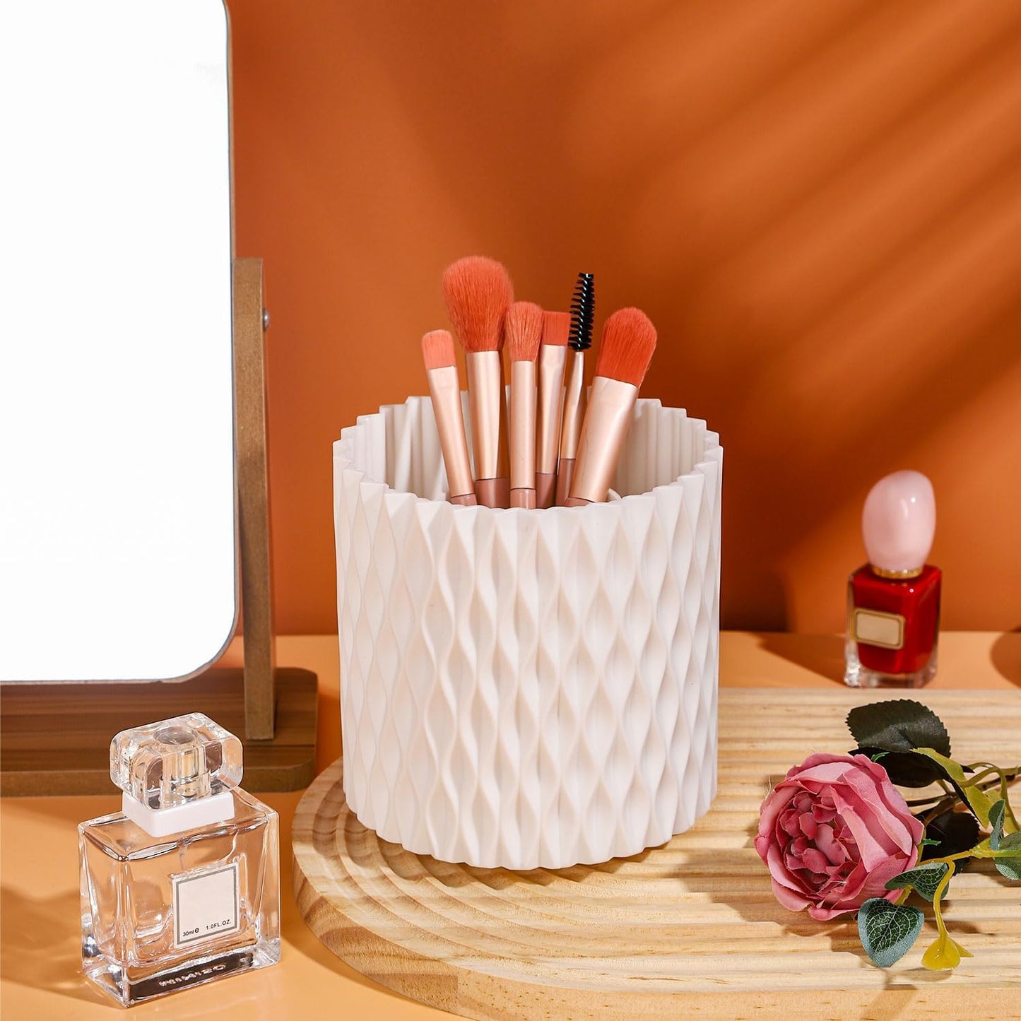White 360° Rotating Makeup Organizer, Spinning Makeup Brush Holder, Unique Textured Makeup Brush Cups for Vanity Decor, Lipstick Holder for Bathroom Counter, Desk Storage Container