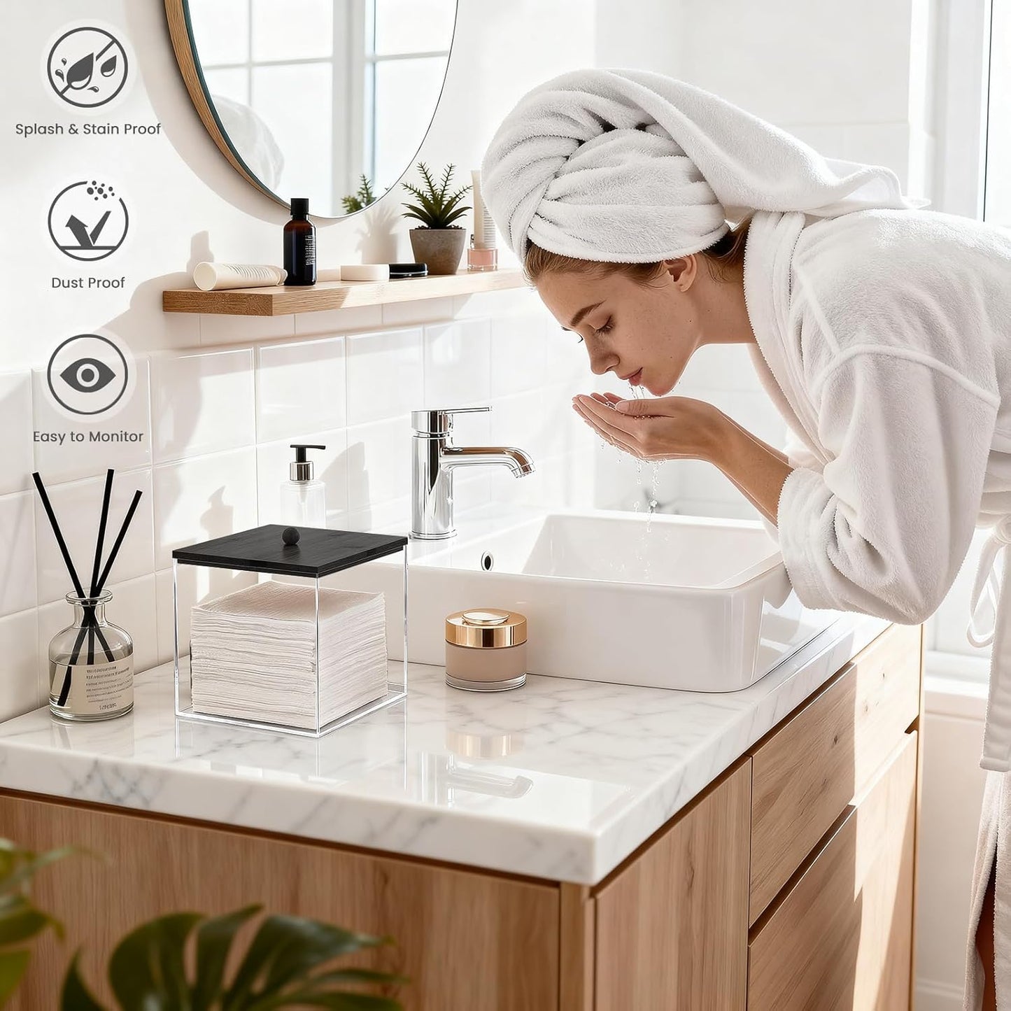 Puricon Acrylic Disposable Facial Towels Holder, Clear Storage Bin with Wood Lid Compatible with Clean Skin Club Towel (NOT Included), Face Towelettes Container for Bathroom Counter -Black