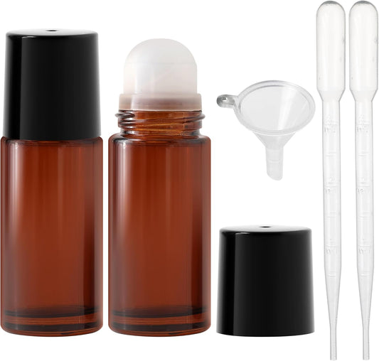 Essential Oil Roller Bottles, 2PCS (50ml/30ml) Thick Glass Perfume Roller Bottles with Funnel and Dropper Glass Empty Bottles Beauty and Personal Care Tools for Fragrance (Amber, 30ML)