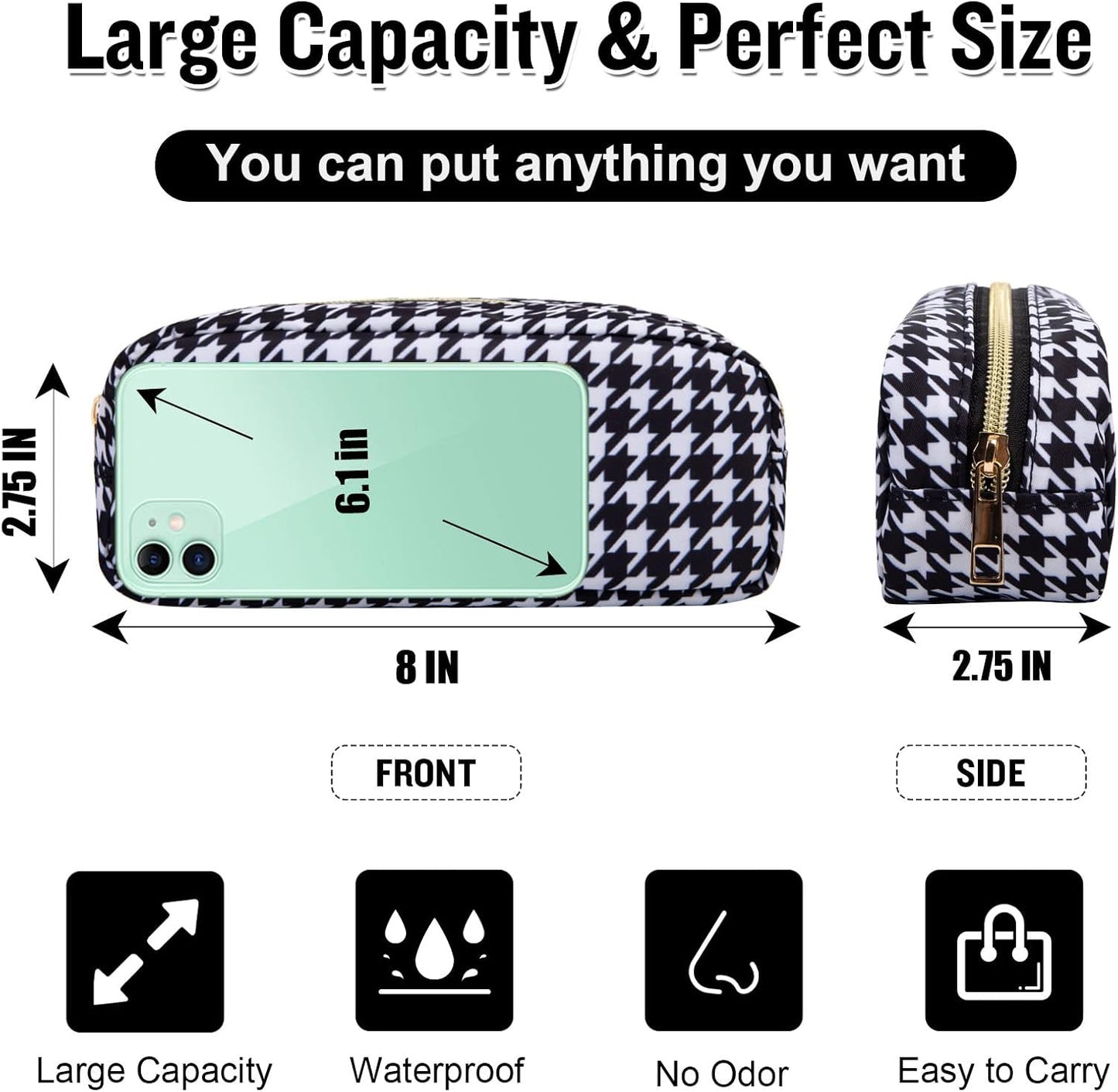 Nylon Slim Makeup Bag, Cute Makeup Brush Case, Preppy Cosmetic Zipper Pouch for Purse, Travel Toiletry Bag Clutch Coin Pouch Make Up Organizer for Women Girls (Black Houndstooth)