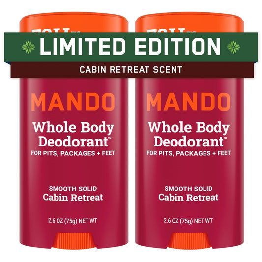 Mando Whole Body Deodorant For Men - Smooth Solid Stick - 72 Hour Odor Control - Aluminum Free, Baking Soda Free, Skin Safe - 2.6 Ounce (Pack of 2) - Cabin Retreat Limited Edition Scent