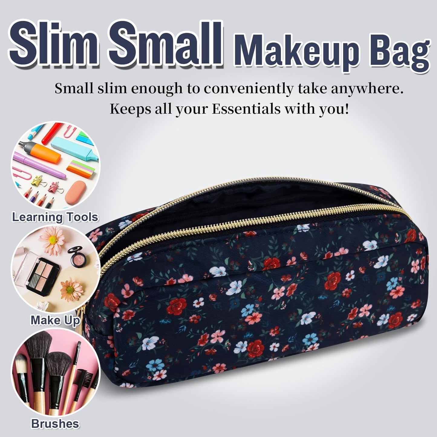 Nylon Small Floral Makeup Bag Slim Pouch, Preppy Cute Travel Makeup Brush Case Cosmetic Zipper Pouch for Purse, Waterproof Toiletry Bag Makeup Organizer Travel Essentials for Women(Navy Blue-Flower)