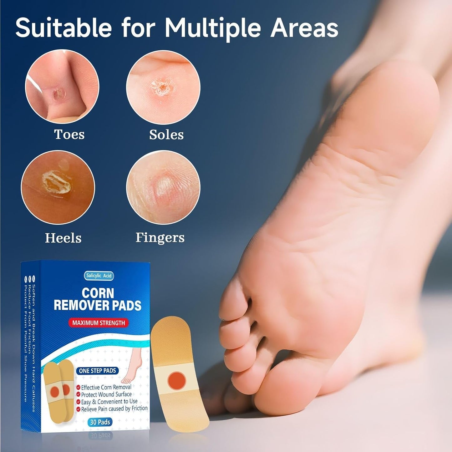 QIYANA Maximum Strength Corn Removers Pads for Feet & Toes - 40% Salicylic Acid Medicated Patches, Breathable All-Day Wear, Fast-Acting Hard Skin Treatment (30 Count)