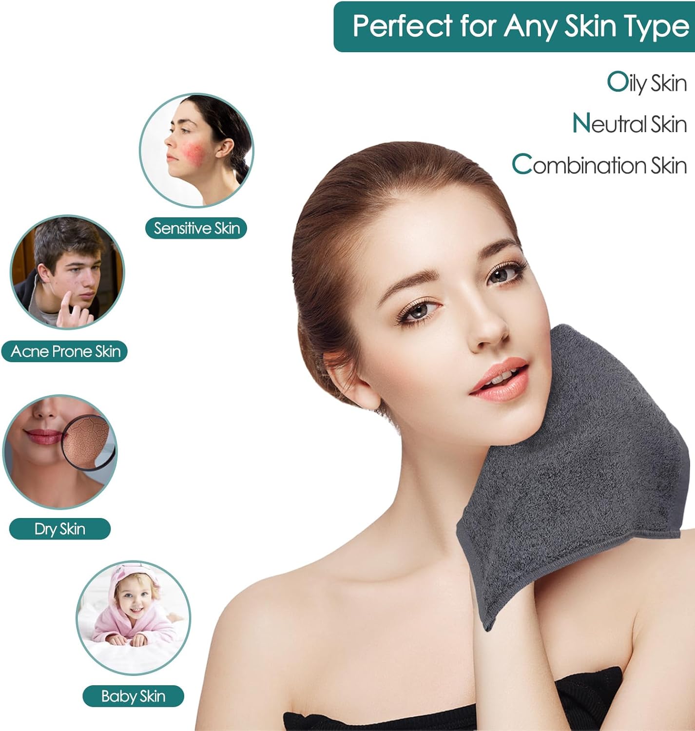 Reusable Makeup Remover Towels, 13x13 inch Large Bath Washcloths for Face and Body, Super Soft and Gentle Face Towels on Sensitive Skin, Easy to Clean Fast Dry Dark Grey Facial Cleansing Cloths