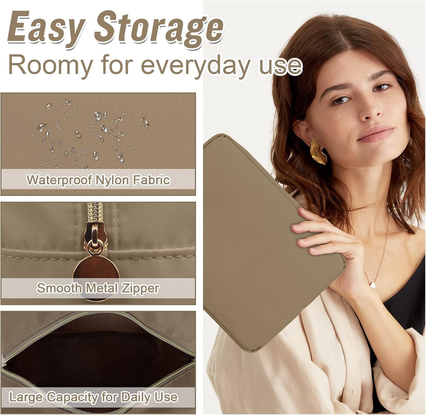 Nylon Large Makeup Bag Travel Pouch for Women, Preppy Big Makeup Bag Cute Cosmetic Zipper Pouch Purse, DIY Chenille Letter Bag Waterproof Toiletry Bag Clutch Make Up Organizer for Women Girls(Khaki)