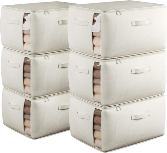Large Canvas Clothes Storage Bags with Thick Handles and Clear Window, Foldable Cotton Linen Underbed Closet Organizer for Clothing, Blankets and Bedding, 60L, 6 Pack, Beige