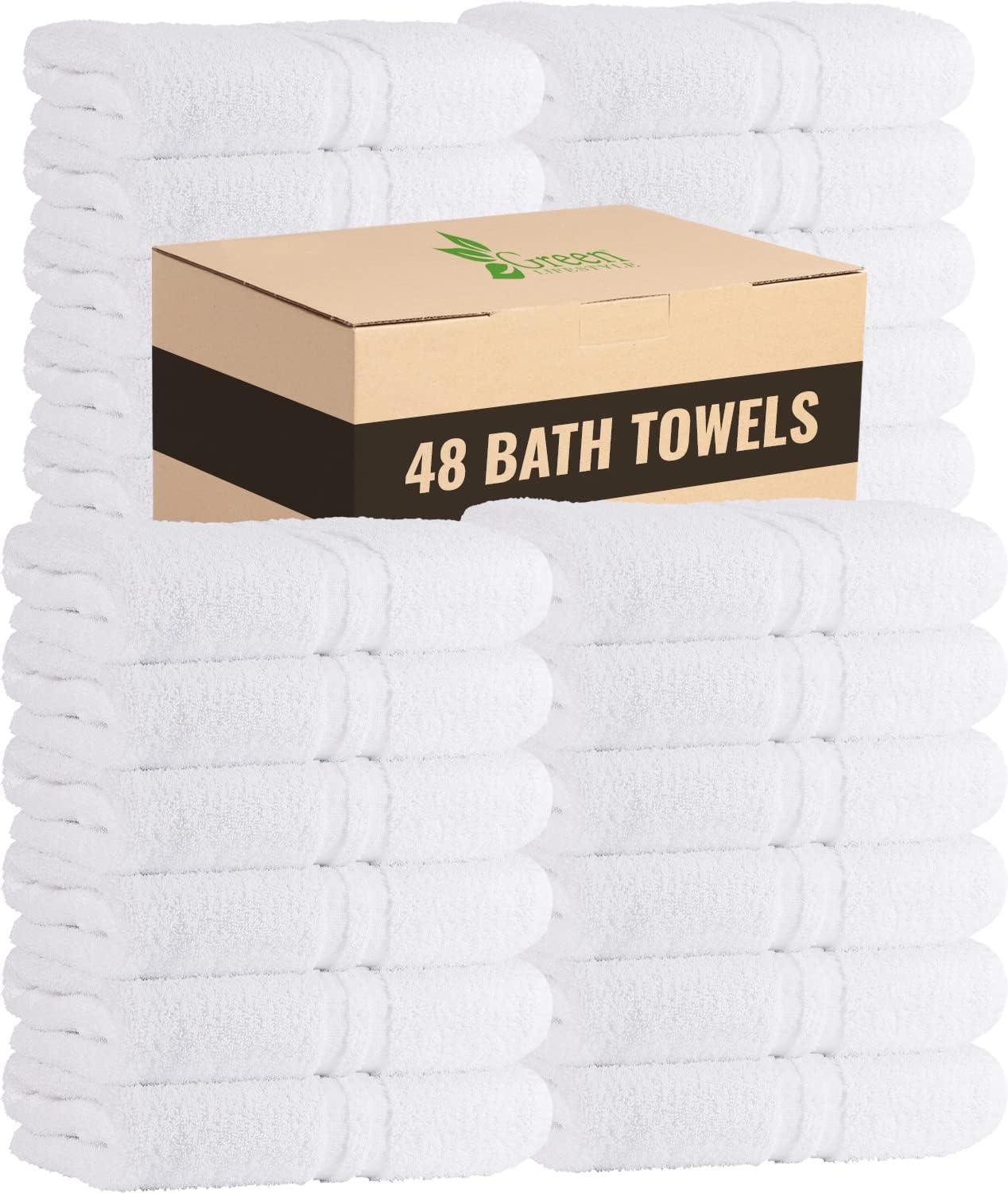 GREEN LIFESTYLE Luxury Bath Towel - White Large Bath Towels Pack for Spa, Gym, Bathroom, Hotel - 86% Cotton 14% Polyester -Super Soft, Thick and Absorbent 24 x 50 Bulk Bath Towel - (48-Pack)