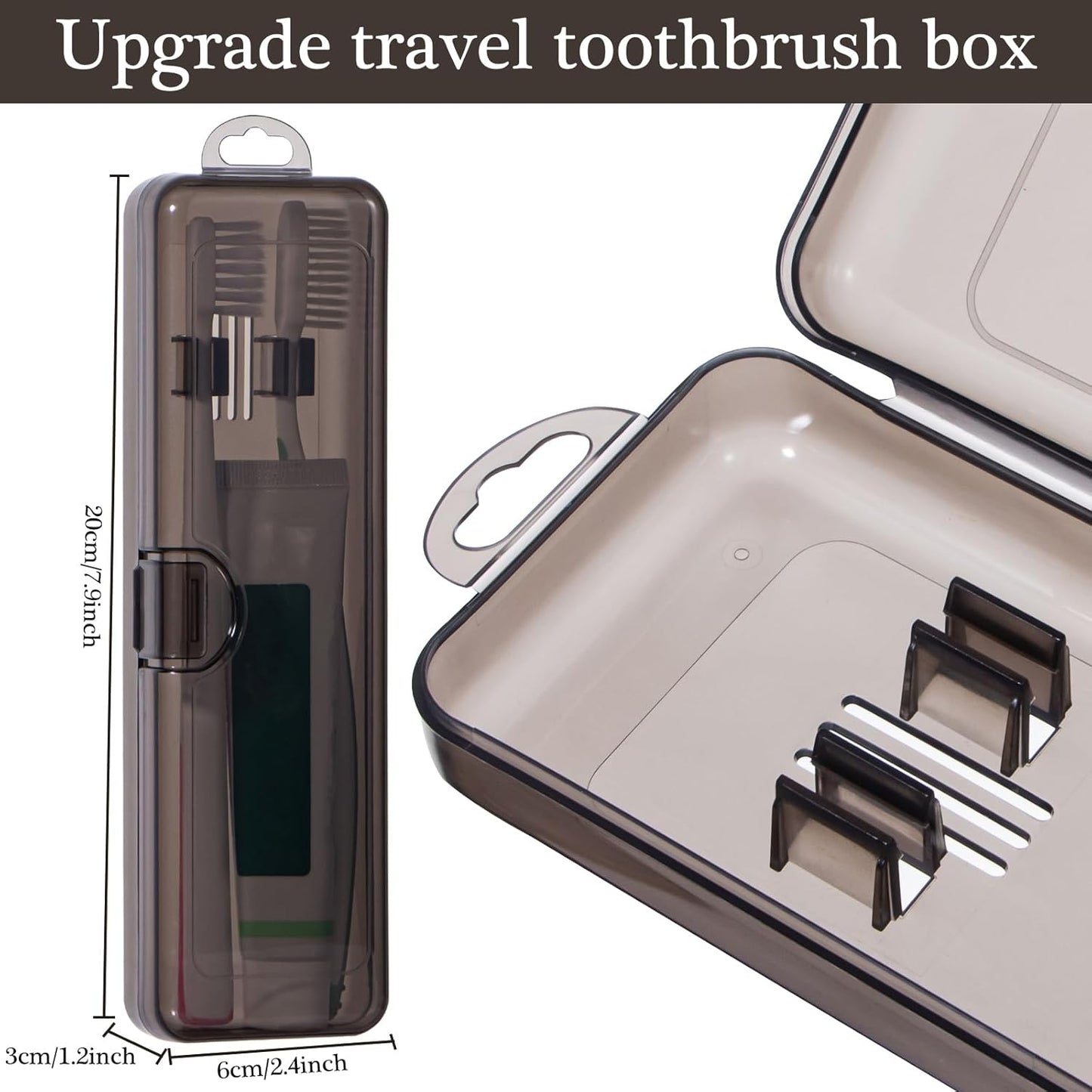 Toothbrush Travel Case 2 Pack, Clear Black Toothbrush Case Holder Travel Size Plastic Toothbrush Holder Toothpaste Storage Container Portable for Traveling, 7.87 x 2.36x 1.18”