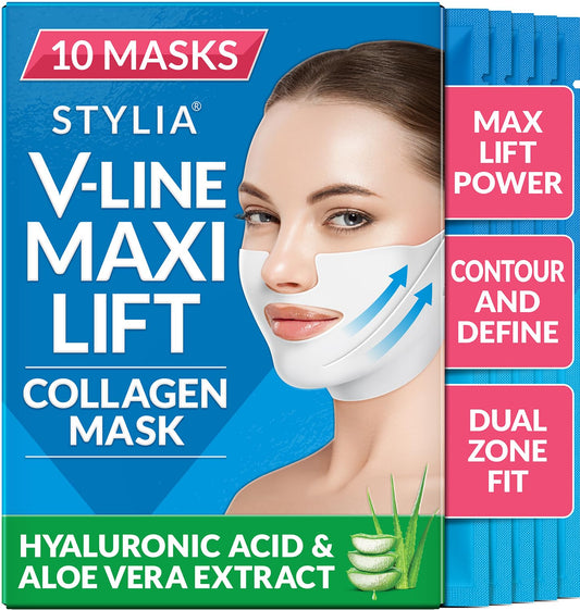 Stylia MaxiLift V-Line Lifting Collagen Face Mask - Advanced Double Chin Reducer - Jawline Shaper - Neck Firming and Tightening Mask with Hyaluronic Acid & Aloe Vera - Chin Strap for Sleeping (10PC)