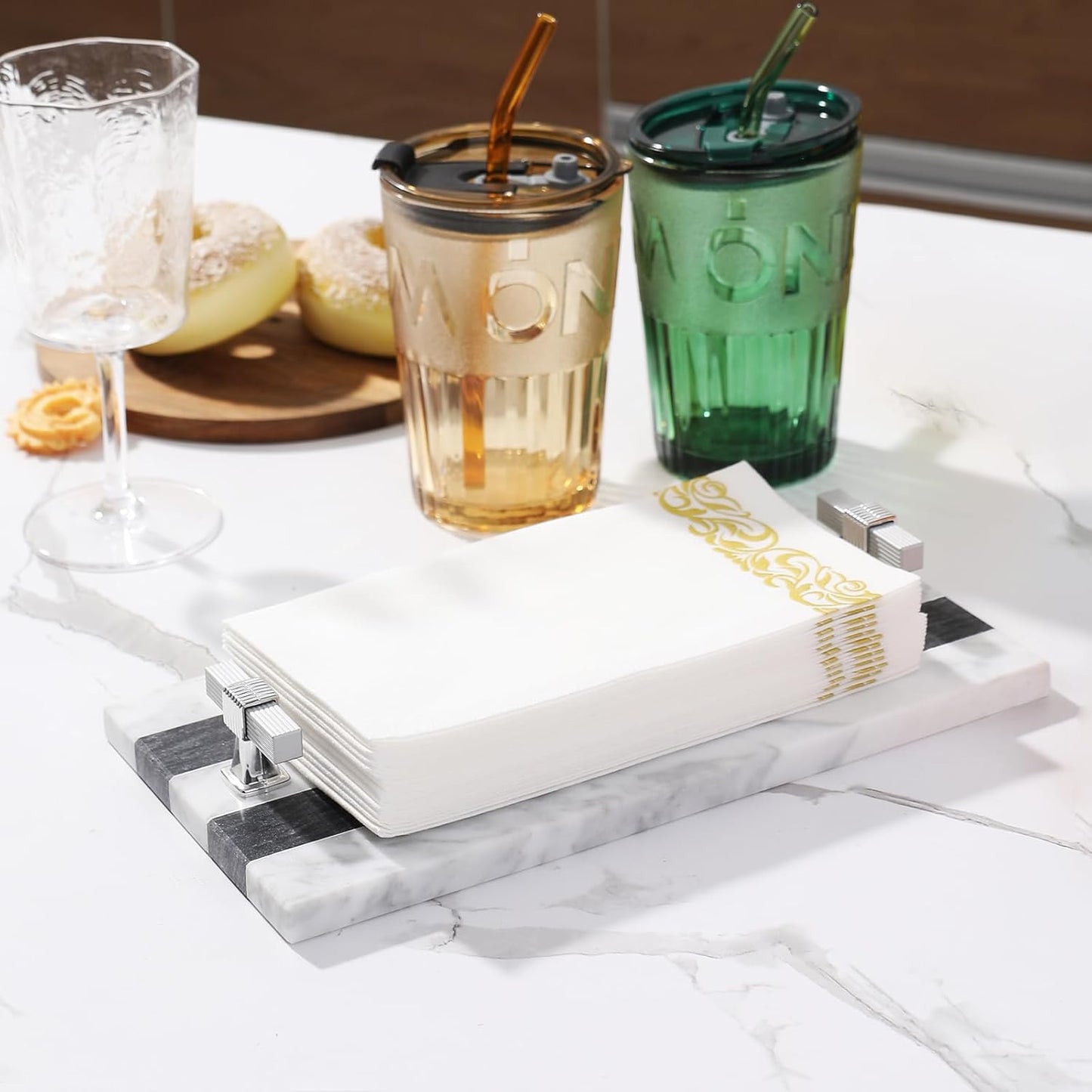 Marble Guest Towel Holder Disposable Paper Towel Tray Vanity Tray Sliver Color Handle, Bathroom Sink Tray Bathroom Napkin Holder