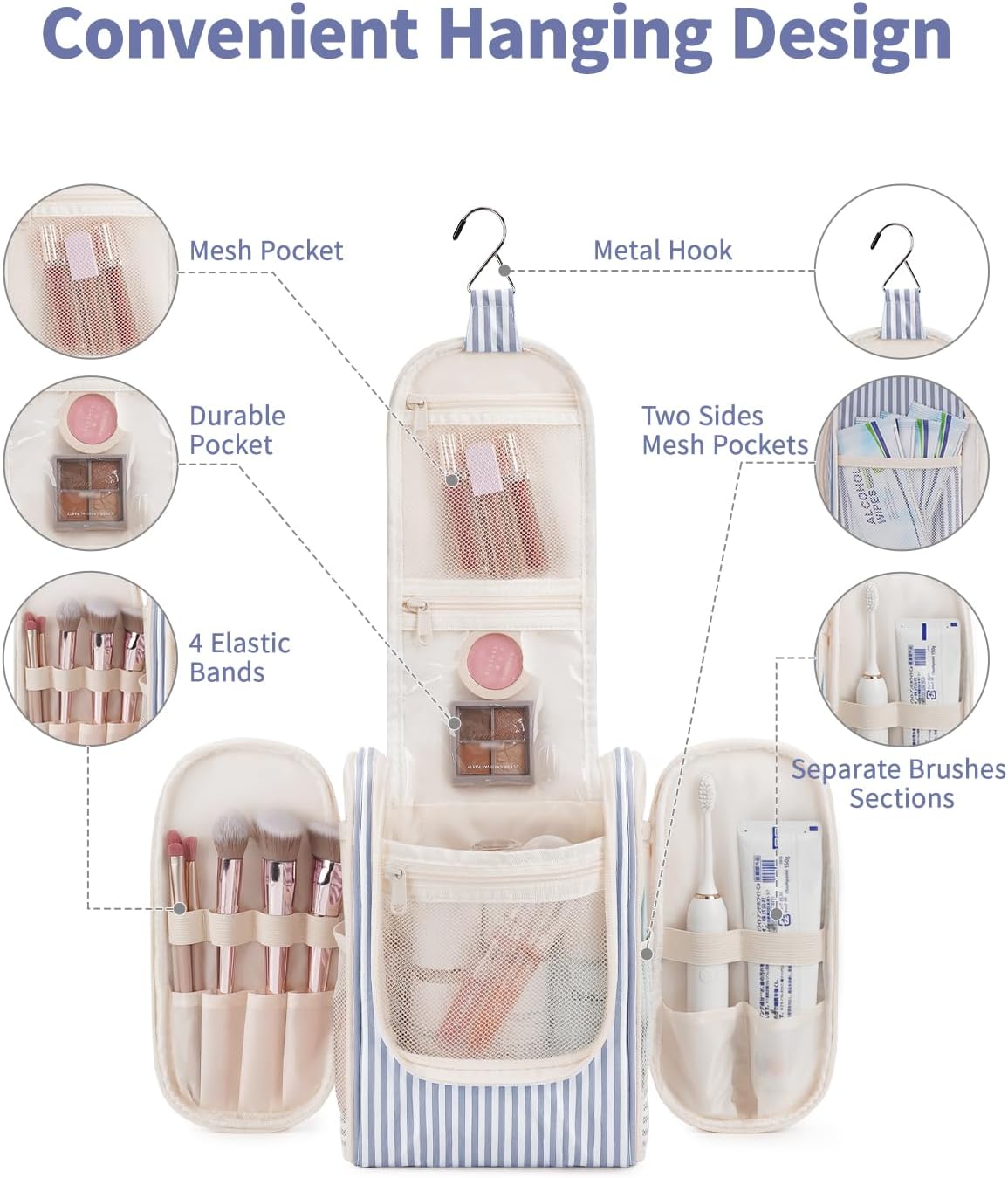 Narwey Small Striped Hanging Travel Toiletry Bag for Women, Travel Bag for Toiletries, Makeup Bag Organizer Cosmetic Bags Make Up Bags for Women (Greyish Blue Stripe)